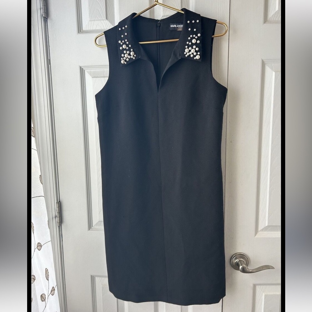 Karl Lagerfeld Paris black shift dress with pearls. NEW